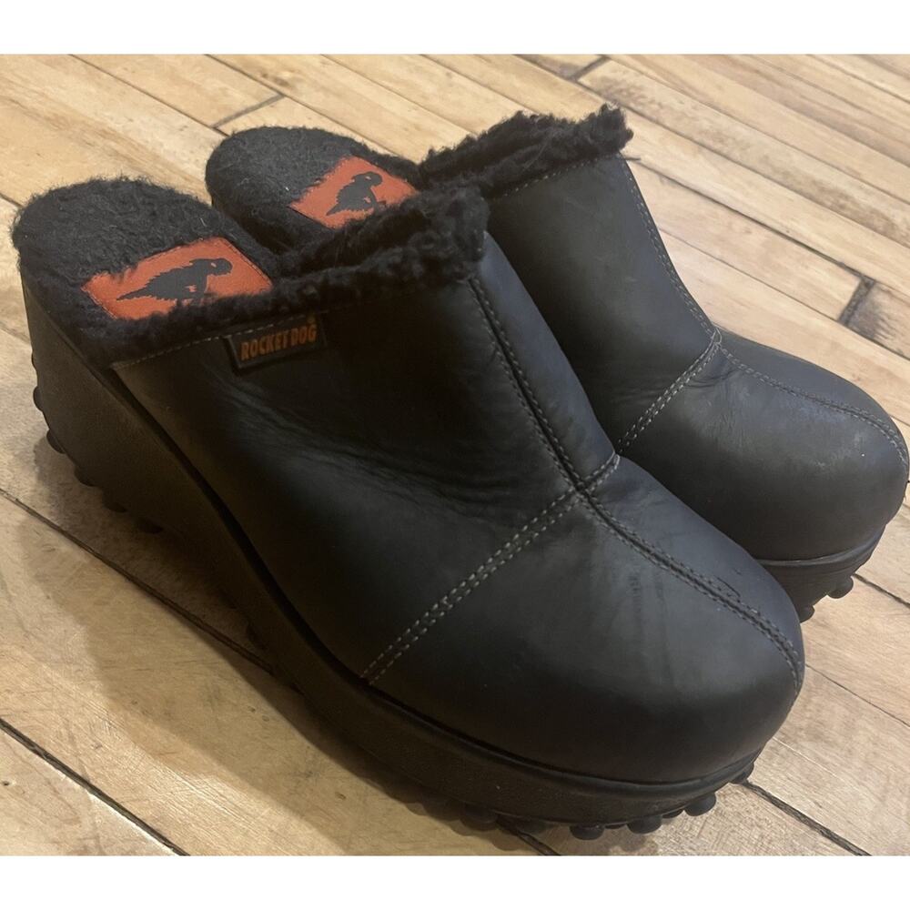 Rocket Dog Clogs Womens 8 Black Leather Platform Slip On Y2K Chunky